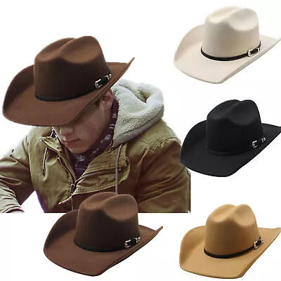 Men Women Fedora Western Cowboy Hat Casual Leather Belt Cowgirl Cap • $14.99