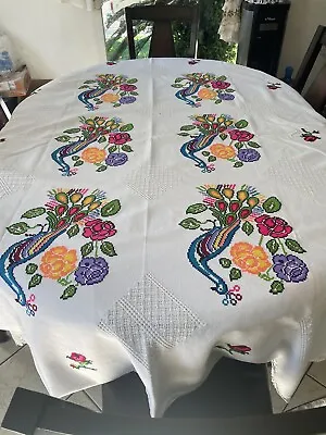 Handmade Tablecloth Embroidered - Mantel Mesa 6 Sillas Bordado A Mano Pavoreales • $169.99