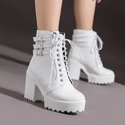 Gothic Buckles Riding Ankle Boots Women Chunky Heel Platform Lace Up Biker Boots • $41.99