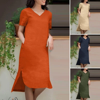 $32.40 • Buy ZANZEA Womens Short Sleeve V Neck Long Dress Plain Side Split Beach Shift Dress