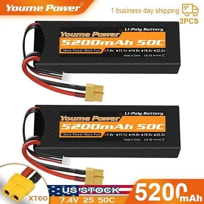 2pcs 7.4V 2S 5200mAh LiPo Battery 50C XT60 Hardcase For RC Car Truck Buggy • $29.99