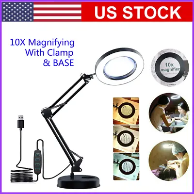 $24.90 • Buy 10X Magnifying Glass Desk Light Magnifier Reading Lamp LED Lamp With Base& Clamp