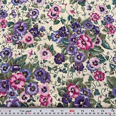 VTG Faye Burgos Marcus Brothers Metallic Pansy Cotton Fabric By The HALF YARD • $7