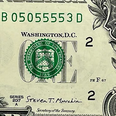 Five Of A Kind 5s Fancy Serial Number One Dollar Bill B05055553D Trinary 0s 3s • $14.99