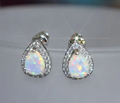 £17.99 • Buy White Drop Opal With Tiny Created Diamond 925 Silver Studs / Earrings