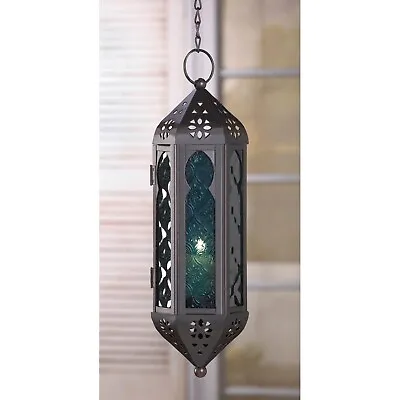 Emerald Glass Moroccan Hanging Candle Holder Lantern Lamp Patio Terrace Wedding • $29.26