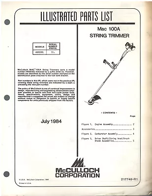 McCulloch Mac 100A String Trimmer Illustrated Parts List Exploded View 1984 • $5.95