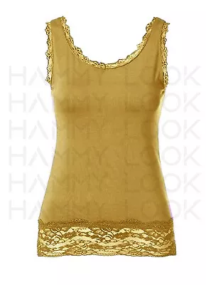 Ladies Plain Camisole Vest Layering Top Lace Trim Neck Cami Tank Strappy  • £8.99