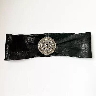 B-Low The Belt Wide Black Leather Waist Statement Round Rhinestone Buckle Soft • $55