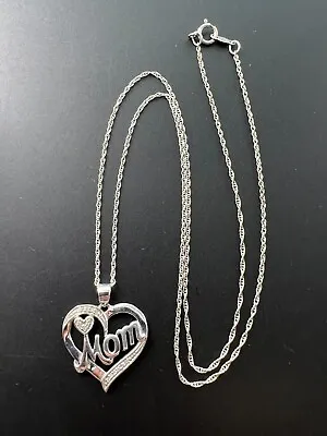 Sterling Silver 925 Diamond Heart Mom Pendant Fine Chain Necklace 18  • $45