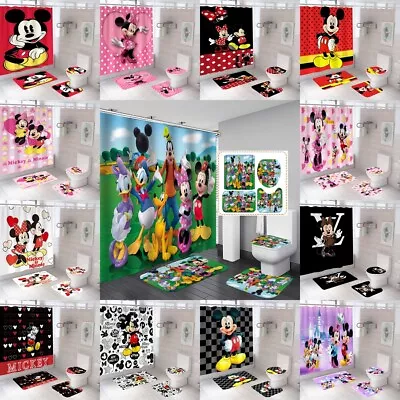 Mickey Minnie Mouse Bathroom Set Shower Curtain Non-Slip Bath Mat Toilet Cover • £13.64