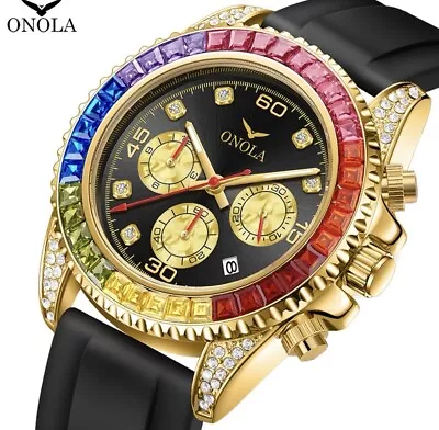 Mens Rainbow Diamond Bezel Watch With The Iced Out Lugs. • £27.74