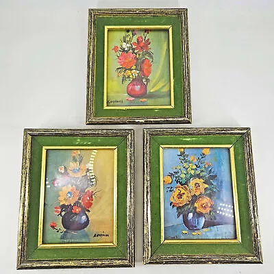 Set Of 3 Miniature MCM Framed Mid Century Modern Paintings Flowers Floral Signed • $68