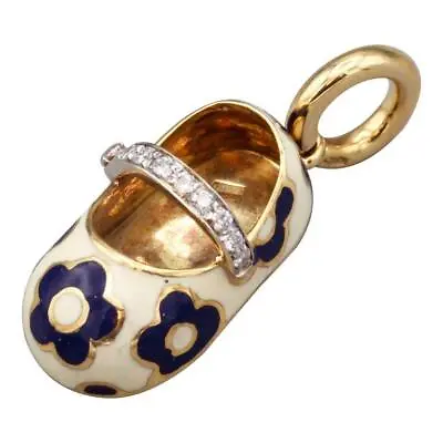 Aaron Basha Diamond Enamel 18k Gold  Flower Motif Baby Girl Shoe Charm Pendant • $1000