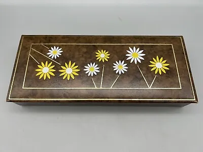 Vintage Brown Vinyl Floral Daisy Rectangle Stationary Storage Box • $27.99