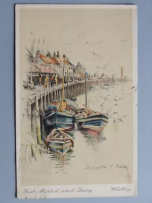 Postcard Whitby Fish Market & Quay Marjorie C Bates Art Card • £2.75