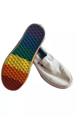 Vans Classic Slip On White Rainbow Soles Trainers Pride LGBTQ Size 4 Shoes Rare • £14.99