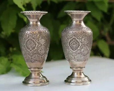 Antique  Elegant  Silver 84 Pair Of Vase Handmade QalamZani Qajar • $780