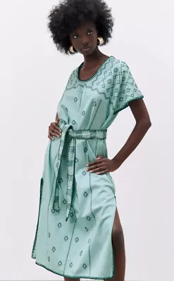 Zara Embroidered Tunic Midi Dress Teal Green Size S With Belt • $49.99