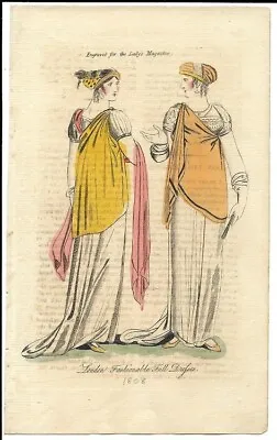 LADY'S MAGAZINE   Regency Fashion Plate    FASHIONABLE FULL DRESS    NOV 1808 • £13.99