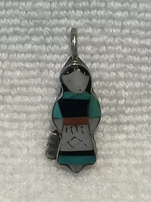 Vintage Silver Lady Turquoise Coral Inlay Zuni Charm Pendant • $20