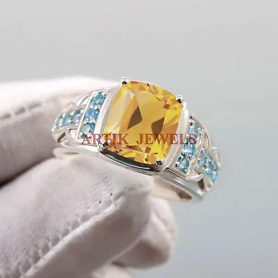 Natural Citrine & Blue Topaz Gemstone With 925 Sterling Silver Men's Ring #5185 • $102.20