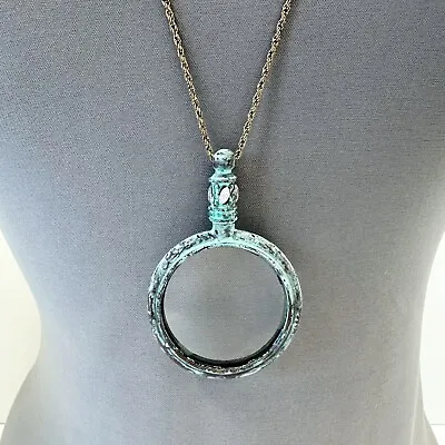 Antique Patina Color Hand Mirror Design 5X Magnifying Glass Pendant Necklace • $17.99