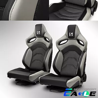 Universal Reclinable PVC Racing Seats Car Seat Full Set W/Sliders Black-Grey • $395.98