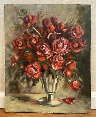 Vintage Oil On Board Painting Of Red Roses In Vase Signed By Diana P. Lewis • $89.95