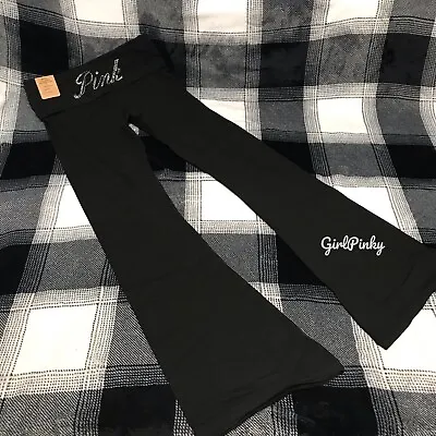 Victoria Secret PINK Flare BLACK Fold Over Leggings BLING LOGO XS-XXL • $59