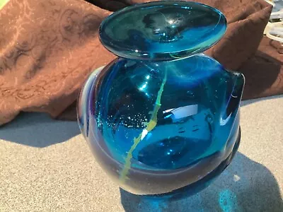 Vintage MDINA Blue & Gold Pulled Ear Sand & Sea Art Glass Vase Signed • $49.99