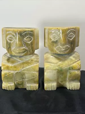 Vintage Pair Carved Heavy Marble Aztec Mayan Tiki Stone Bookends 4” Yellow Green • $14