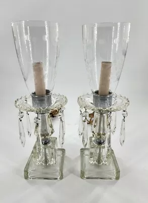 Vintage Pair Clear Glass Hanging Crystal Prisms Hurricane Mantle Lamps Set Of 2  • $99.99