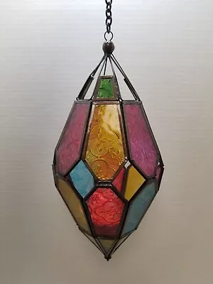 Stained Glass Moroccan Style Hanging Lantern Multicolor Tealight Pendant 12  • $29.99