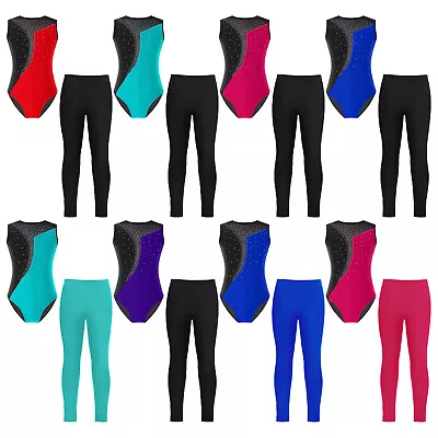 Kids Girls Bodysuit Ice Skating Pants Sports Leotard Gymnastics Unitard Shiny • £7.03