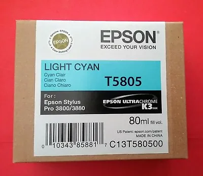 09-2018 NIB Genuine Epson T5805 Light Cyan K3 80ml Ink Stylus 3800/3880 T580500 • $57.89