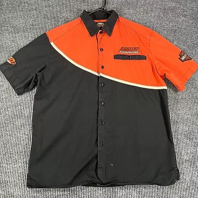 Harley Davidson Mens Large Black Orange Short Sleeve Button Up Mechanic Shirt • $26.99
