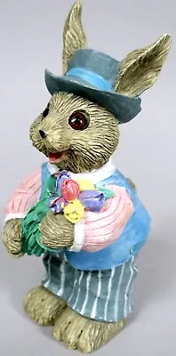 Vtg Easter Bunny Figurine Mervyns 1995 Spring Decor Resin Rabbit Tulip Bouquet • $18.99