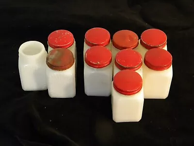 $30 • Buy Vintage 10 Milk Glass Spice Jars With Red Metal Lids