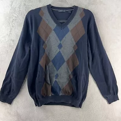 Van Heusen Sweater Mens Large Argyle Navy Blue V Neck • $6.69