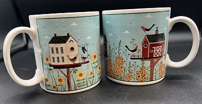 Set Of 2 Coffee Mugs~ Warren Kimble~ 'Birdhouse' By Sakura ~12 Oz Blue Farmhouse • $12.50