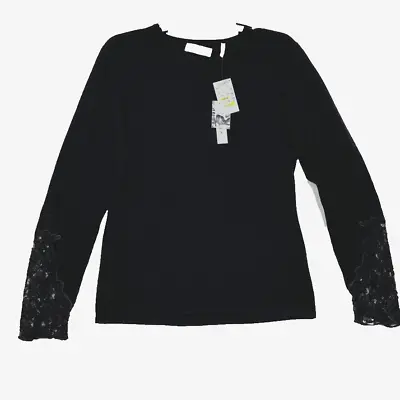 Mainbocher Cashmere Sweater Womens Large Black Lace Bottom Long Sleeves NWT • $42.92