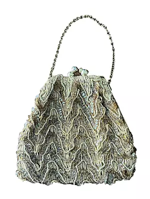 Vintage Gold Tone Hand Beaded Evening Bag Gold Ornate Kiss Closure Satin Lined • $21.95