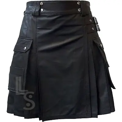 Scottish Handmade Pleated Utility LARP REAL Black Cow Leather Kilt For Men • $59.99