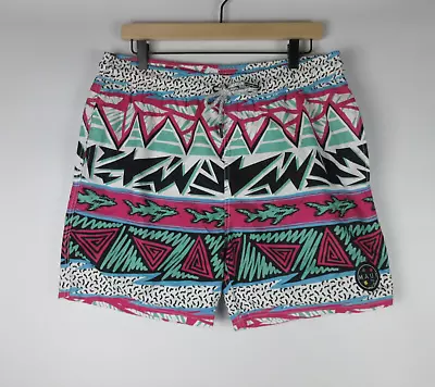 Maui And Sons Men Swim Trunks Large Retro 80s 90s Geometric Sharks Shorts 5  • $24.95