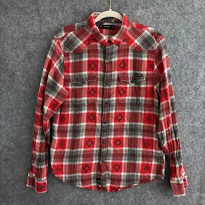Lucky Brand Shirt Men's Medium Red Plaid Dobby Western Snap Front Southwestern • $19.88