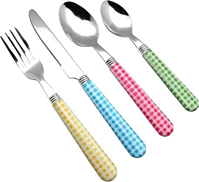 EXZACT Cutlery Set 24pcs Stainless Steel With Gingham Check Coloured Handles • £14.99