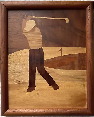 VTG Handmade Inlaid Marquetry Wood Inlay Picture Male Golfer Golf Plaque ~ 11x9  • $18