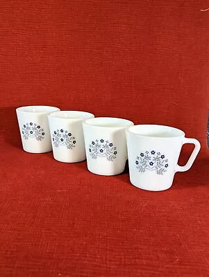Vintage Pyrex Milk Glass Coffee Cups Mugs Summer Impressions Blue Set Of 4 • $7.73