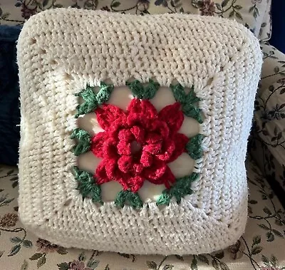 Vtg Crochet Granny Square Cabbage Rose Flower Pillow Granny Chic Roseanne • $19.99